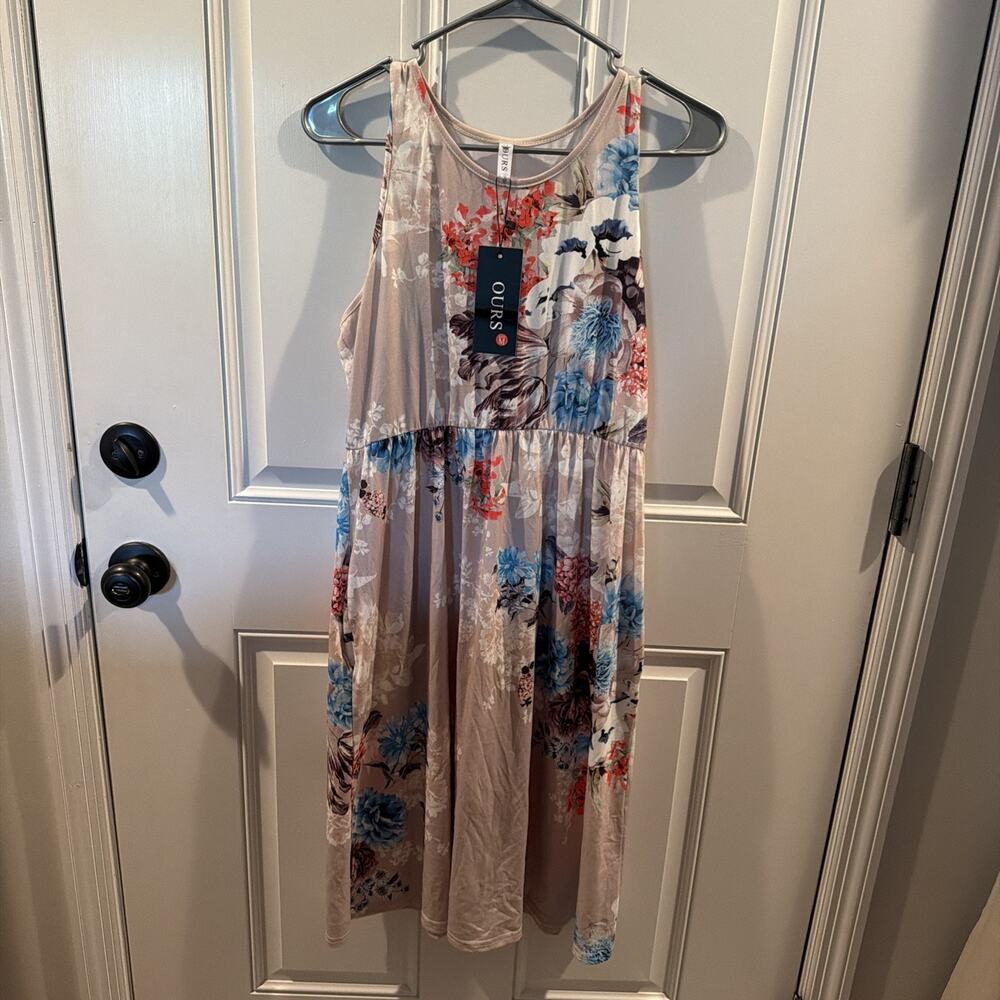 OURS BRAND WOMEN'S TANK DRESS Medium Tan FLORAL SLEEVELESS SUNDRESS